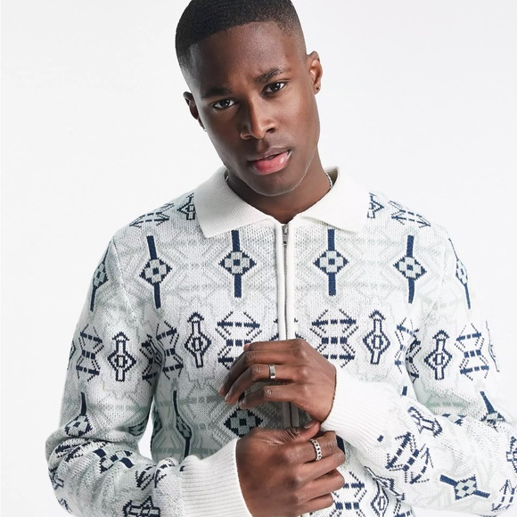 Topman geometric knitted zip through polo in ecru and blue - Picture 2 of 4